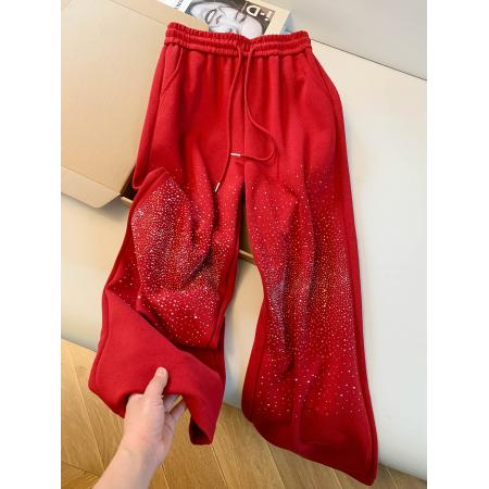 BY11937# 欧洲站春款款高品质亮闪闪烫钻休闲加绒长裤宽松阔腿裤 服裝批發女裝批發服飾貨源