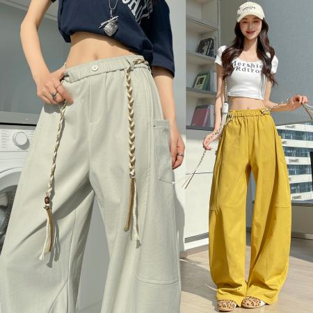 BY11939# 春季新款拼接设计感休闲阔腿裤女百搭宽松显瘦弯刀拖地长裤 服裝批發女裝批發服飾貨源