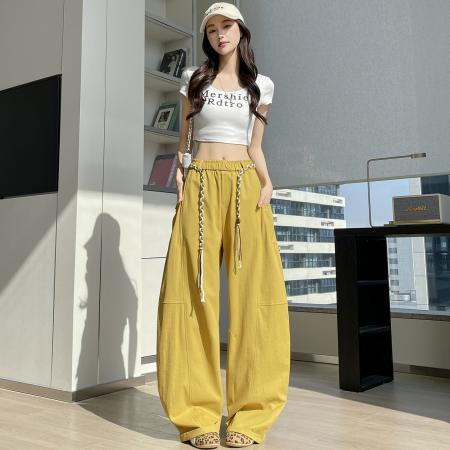 BY11939# 春季新款拼接设计感休闲阔腿裤女百搭宽松显瘦弯刀拖地长裤 服裝批發女裝批發服飾貨源