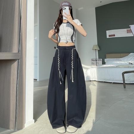 BY11939# 春季新款拼接设计感休闲阔腿裤女百搭宽松显瘦弯刀拖地长裤 服裝批發女裝批發服飾貨源