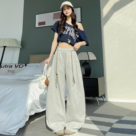 BY11939# 春季新款拼接设计感休闲阔腿裤女百搭宽松显瘦弯刀拖地长裤 服裝批發女裝批發服飾貨源