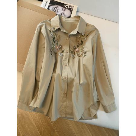 BY11940# 设计感重工镶钻绣花牛仔衬衫女春季新款宽松衬衣单排扣 服裝批發女裝批發服飾貨源