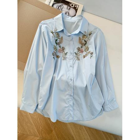 BY11940# 设计感重工镶钻绣花牛仔衬衫女春季新款宽松衬衣单排扣 服裝批發女裝批發服飾貨源