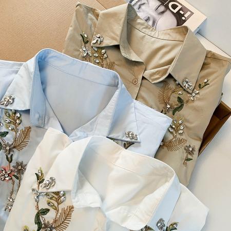 BY11940# 设计感重工镶钻绣花牛仔衬衫女春季新款宽松衬衣单排扣 服裝批發女裝批發服飾貨源