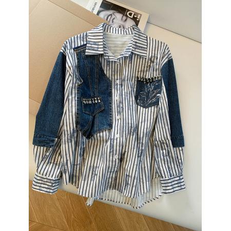 BY11941# 新款镶钻牛仔条纹立体印花宽松大码衬衫女小众设撞色计感上衣 服裝批發女裝批發服飾貨源