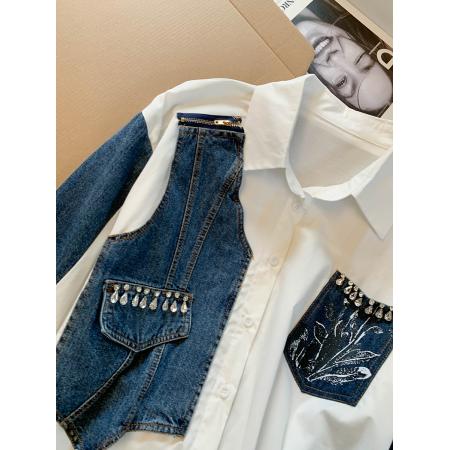 BY11941# 新款镶钻牛仔条纹立体印花宽松大码衬衫女小众设撞色计感上衣 服裝批發女裝批發服飾貨源