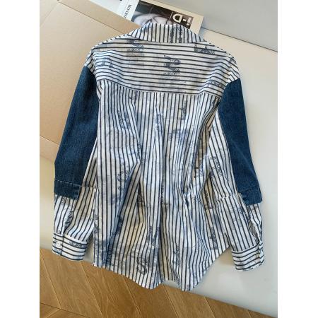 BY11941# 新款镶钻牛仔条纹立体印花宽松大码衬衫女小众设撞色计感上衣 服裝批發女裝批發服飾貨源