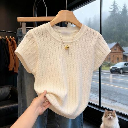 BY11942# 法式镂空冰丝针织短袖t恤衫女春夏新款气质小众设计感毛衣潮 服裝批發女裝批發服飾貨源