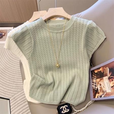 BY11942# 法式镂空冰丝针织短袖t恤衫女春夏新款气质小众设计感毛衣潮 服裝批發女裝批發服飾貨源