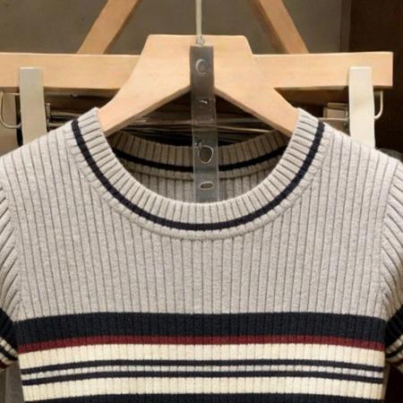 BY11943# 撞色边针织短袖女夏季圆领修身通勤风小众设计感减龄百搭上衣 服裝批發女裝批發服飾貨源