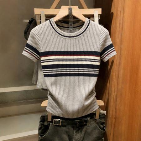 BY11943# 撞色边针织短袖女夏季圆领修身通勤风小众设计感减龄百搭上衣 服裝批發女裝批發服飾貨源