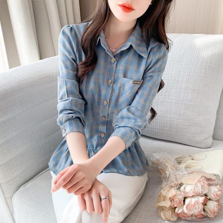 BY11945# 复古格纹POLO领长袖衬衫春季新款收腰显瘦小众荷叶边上衣 服裝批發女裝批發服飾貨源