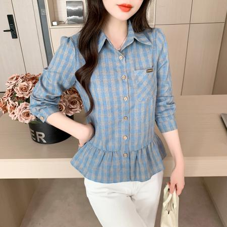 BY11945# 复古格纹POLO领长袖衬衫春季新款收腰显瘦小众荷叶边上衣 服裝批發女裝批發服飾貨源