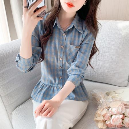 BY11945# 复古格纹POLO领长袖衬衫春季新款收腰显瘦小众荷叶边上衣 服裝批發女裝批發服飾貨源