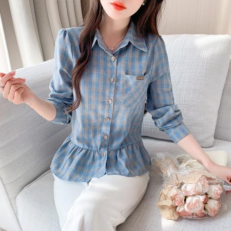 BY11945# 复古格纹POLO领长袖衬衫春季新款收腰显瘦小众荷叶边上衣 服裝批發女裝批發服飾貨源