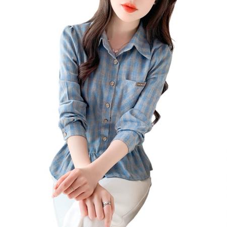 BY11945# 复古格纹POLO领长袖衬衫春季新款收腰显瘦小众荷叶边上衣 服裝批發女裝批發服飾貨源