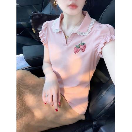 BY11948# 法式甜美草莓印花polo领短袖花边T恤女夏季巨好看氛围感上衣 服裝批發女裝批發服飾貨源