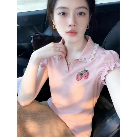 BY11948# 法式甜美草莓印花polo领短袖花边T恤女夏季巨好看氛围感上衣 服裝批發女裝批發服飾貨源