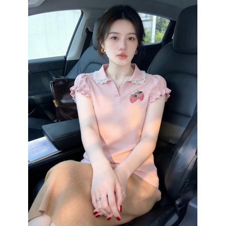BY11948# 法式甜美草莓印花polo领短袖花边T恤女夏季巨好看氛围感上衣 服裝批發女裝批發服飾貨源