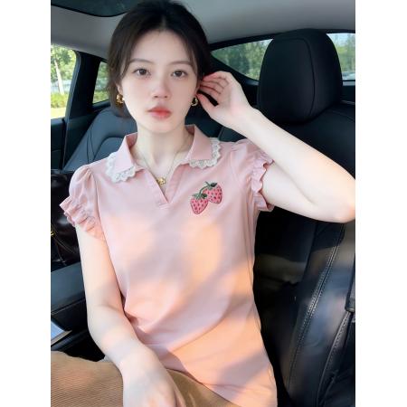 BY11948# 法式甜美草莓印花polo领短袖花边T恤女夏季巨好看氛围感上衣 服裝批發女裝批發服飾貨源
