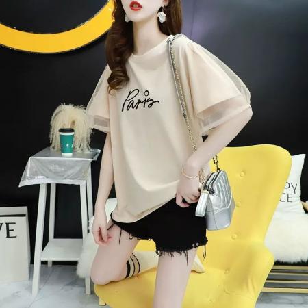 纯棉韩版小个子重工纱网短袖T恤...