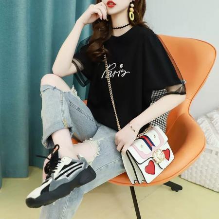 BY11950# 纯棉韩版小个子重工纱网短袖T恤女 服裝批發女裝批發服飾貨源