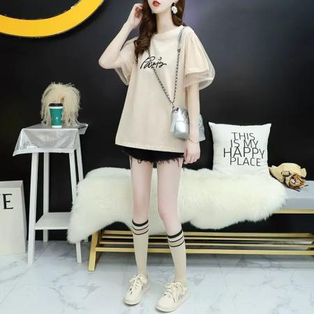 BY11950# 纯棉韩版小个子重工纱网短袖T恤女 服裝批發女裝批發服飾貨源