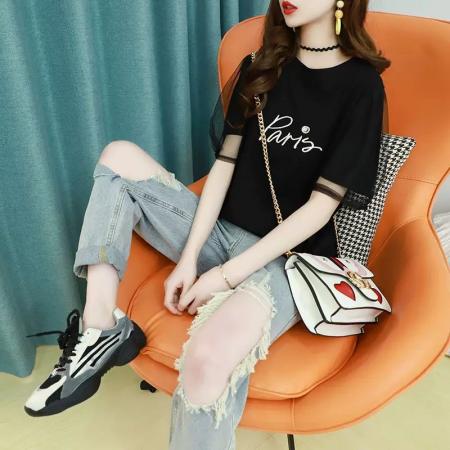 BY11950# 纯棉韩版小个子重工纱网短袖T恤女 服裝批發女裝批發服飾貨源