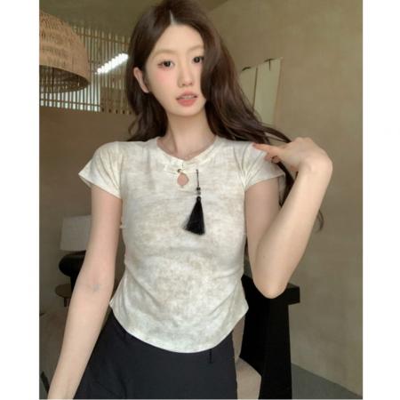 BY11953# 夏秋季爆款新中式国风盘扣晕染短袖t恤女新款显瘦短款小上衣 服裝批發女裝批發服飾貨源