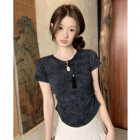 BY11953# 夏秋季爆款新中式国风盘扣晕染短袖t恤女新款显瘦短款小上衣 服裝批發女裝批發服飾貨源