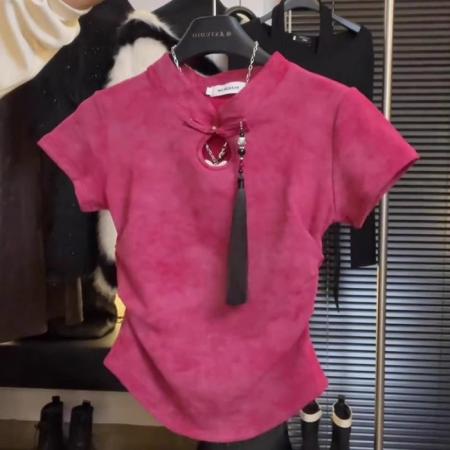 BY11953# 夏秋季爆款新中式国风盘扣晕染短袖t恤女新款显瘦短款小上衣 服裝批發女裝批發服飾貨源