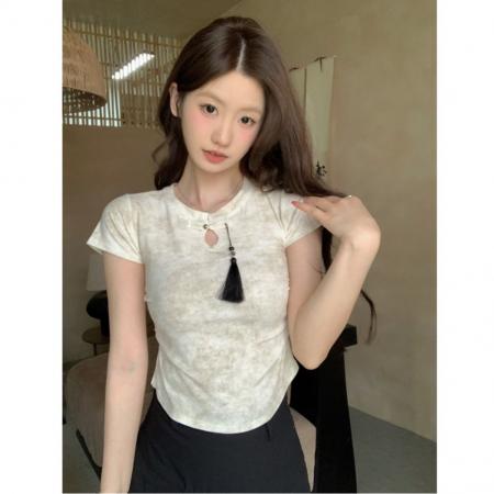 BY11953# 夏秋季爆款新中式国风盘扣晕染短袖t恤女新款显瘦短款小上衣 服裝批發女裝批發服飾貨源