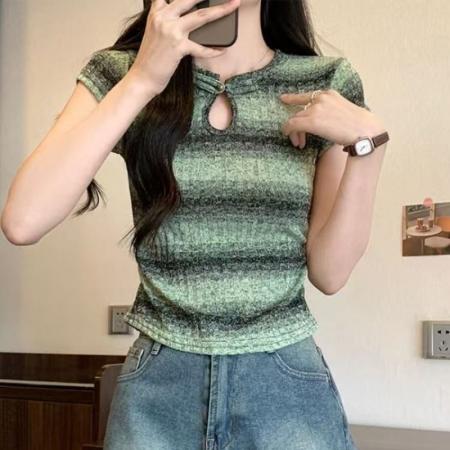 BY11954# 中式国风盘扣条纹渐变短袖夏秋季新款独特别致修身T恤上衣 服裝批發女裝批發服飾貨源