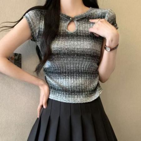 BY11954# 中式国风盘扣条纹渐变短袖夏秋季新款独特别致修身T恤上衣 服裝批發女裝批發服飾貨源