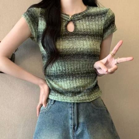 BY11954# 中式国风盘扣条纹渐变短袖夏秋季新款独特别致修身T恤上衣 服裝批發女裝批發服飾貨源
