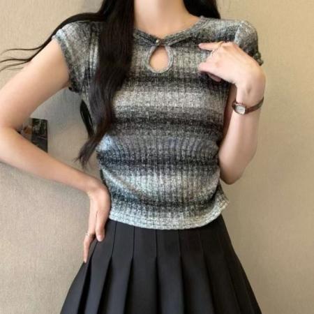 BY11954# 中式国风盘扣条纹渐变短袖夏秋季新款独特别致修身T恤上衣 服裝批發女裝批發服飾貨源