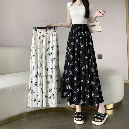 BY11955# 高腰显瘦夏季新款黑白碎花小个子大摆半身裙气质优雅印花长裙 服裝批發女裝批發服飾貨源