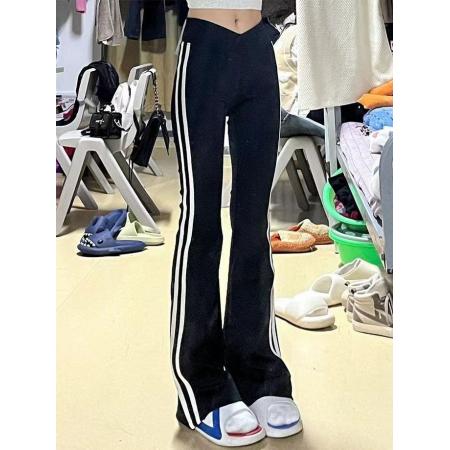 BY11956# 美式辣妹两条杠运动微喇裤女秋冬季高腰修身垂感休闲显瘦瑜伽裤女 服裝批發女裝批發服飾貨源