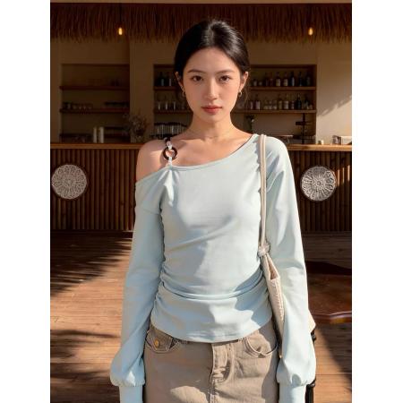 BY11958# 韩系早春甜辣风浅蓝色斜肩上衣女春季新款长袖T恤设计感小众 服裝批發女裝批發服飾貨源