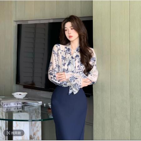 BY11959# 木子李的李墨染花影早秋水墨印花飘带衬衫藏青风衣半裙 服裝批發女裝批發服飾貨源