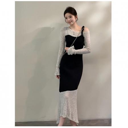 BY11962# 颂宋春季新款拼色不规则假两件喇叭袖针织中长连衣裙 服裝批發女裝批發服飾貨源