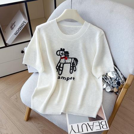 BY11964# 夏季新款百搭圆领宽松小马刺绣冰丝T恤天丝麻针织衫上衣女 服裝批發女裝批發服飾貨源