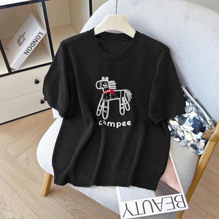 BY11964# 夏季新款百搭圆领宽松小马刺绣冰丝T恤天丝麻针织衫上衣女 服裝批發女裝批發服飾貨源