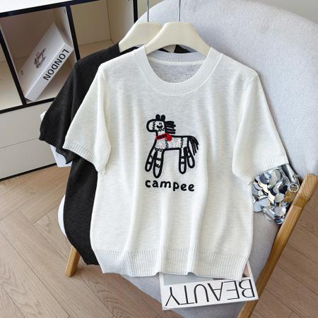 BY11964# 夏季新款百搭圆领宽松小马刺绣冰丝T恤天丝麻针织衫上衣女 服裝批發女裝批發服飾貨源