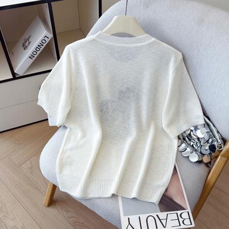 BY11964# 夏季新款百搭圆领宽松小马刺绣冰丝T恤天丝麻针织衫上衣女 服裝批發女裝批發服飾貨源