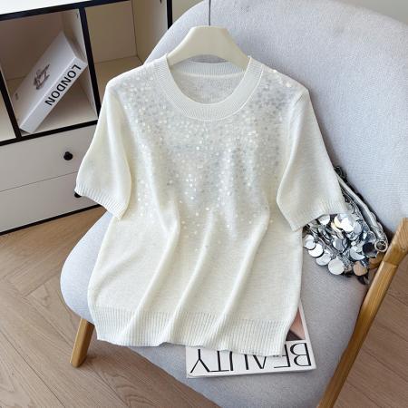 BY11965# 夏新款时尚百搭圆领宽松亮片刺绣冰丝T恤天丝麻针织衫上衣女 服裝批發女裝批發服飾貨源