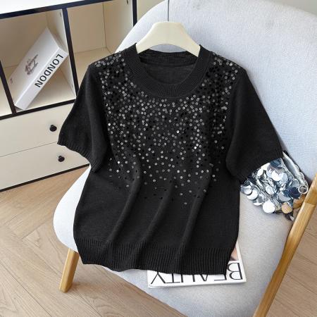 BY11965# 夏新款时尚百搭圆领宽松亮片刺绣冰丝T恤天丝麻针织衫上衣女 服裝批發女裝批發服飾貨源