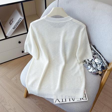 BY11965# 夏新款时尚百搭圆领宽松亮片刺绣冰丝T恤天丝麻针织衫上衣女 服裝批發女裝批發服飾貨源