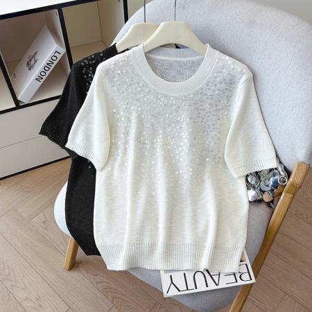 BY11965# 夏新款时尚百搭圆领宽松亮片刺绣冰丝T恤天丝麻针织衫上衣女 服裝批發女裝批發服飾貨源