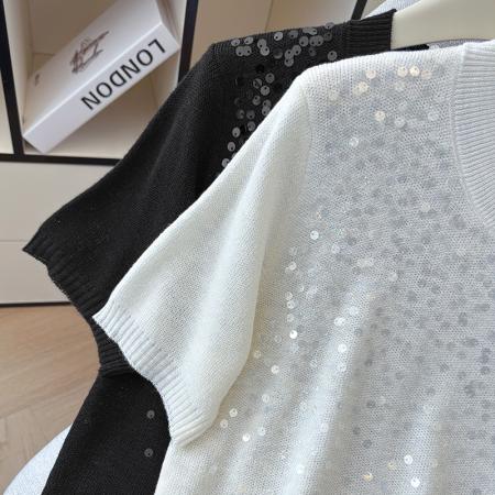 BY11965# 夏新款时尚百搭圆领宽松亮片刺绣冰丝T恤天丝麻针织衫上衣女 服裝批發女裝批發服飾貨源